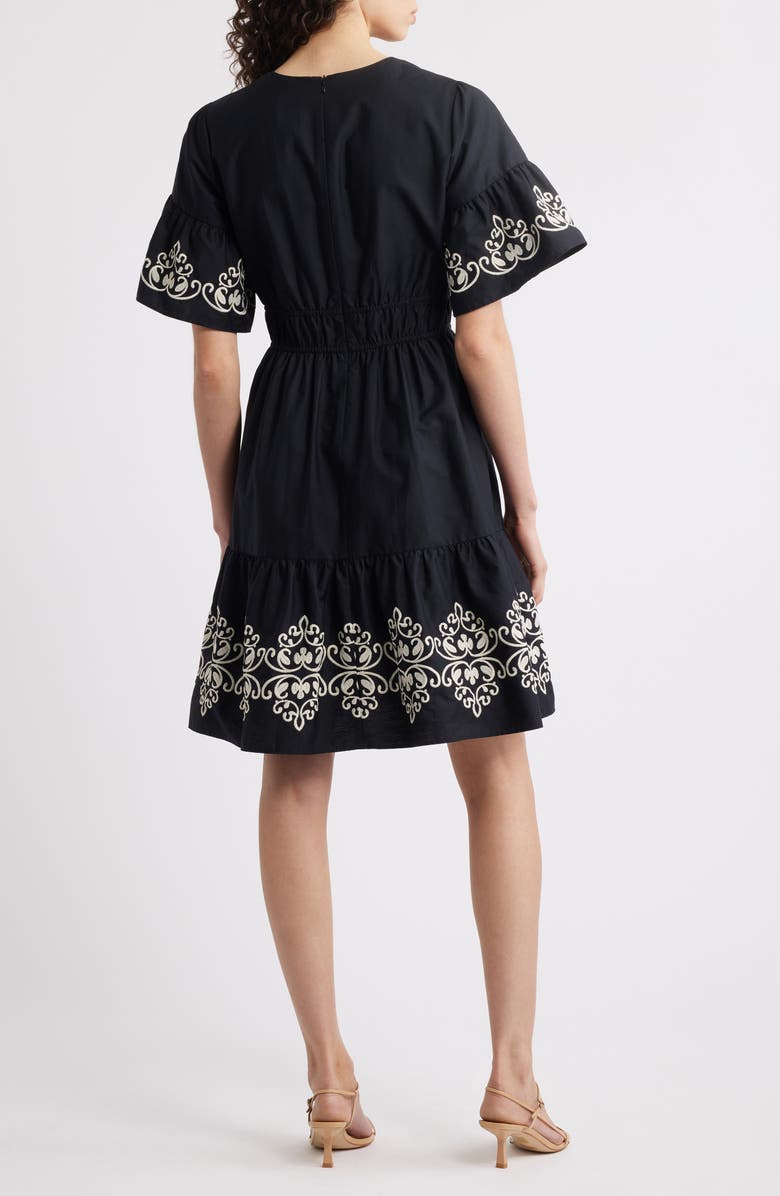 Vince Camuto Embroidered Smocked Waist Dress, Alternate, color, Black