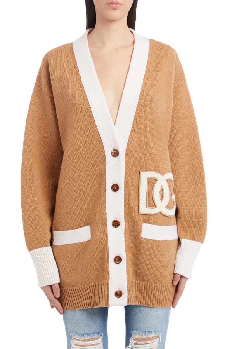 Dolce&Gabbana DG Patch Contrast Trim Wool Cardigan, Main, color,