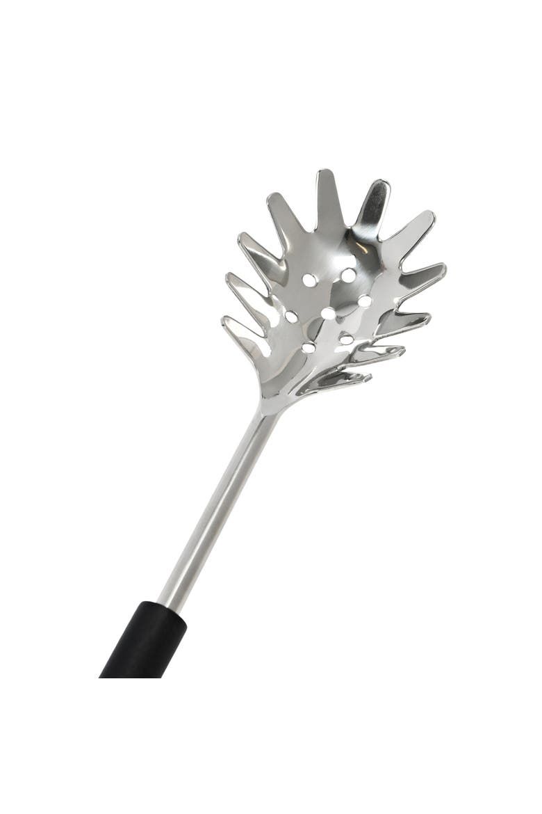 Stainless Steel Slotted Pasta Server with Mango Wood Handle and Leather Tie, Black, Alternate, color, Black