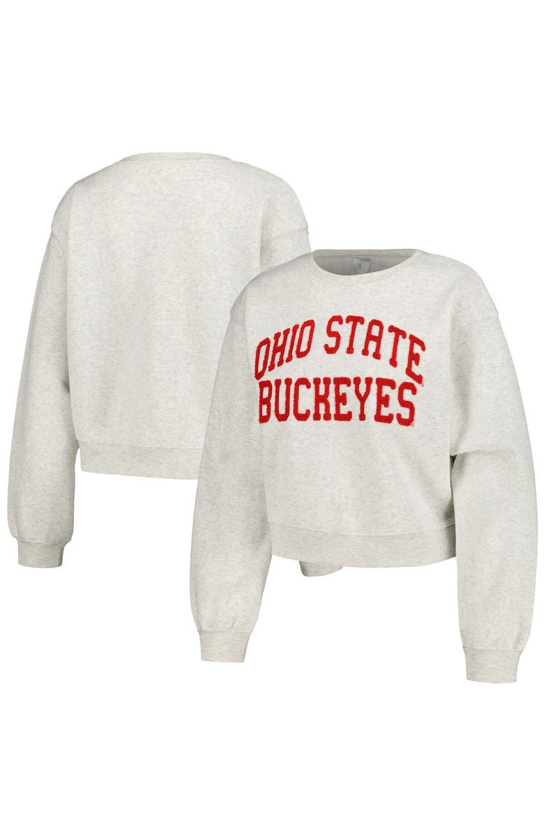 ZOOZATZ Women's ZooZatz Oatmeal Ohio State Buckeyes Core Chenille Cropped Pullover Sweatshirt, Main, color, 