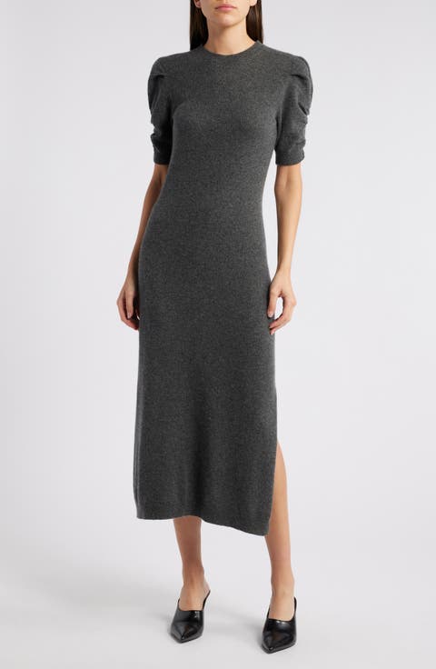 Ruched Sleeve Recycled Cashmere & Recycled Wool Sweater Dress