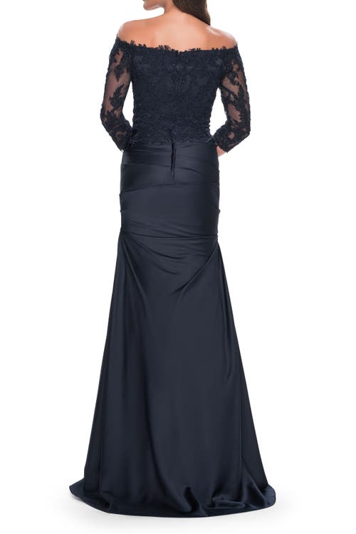 La Femme Mermaid Satin Dress With Gathering And Off The Shoulder Top In Navy