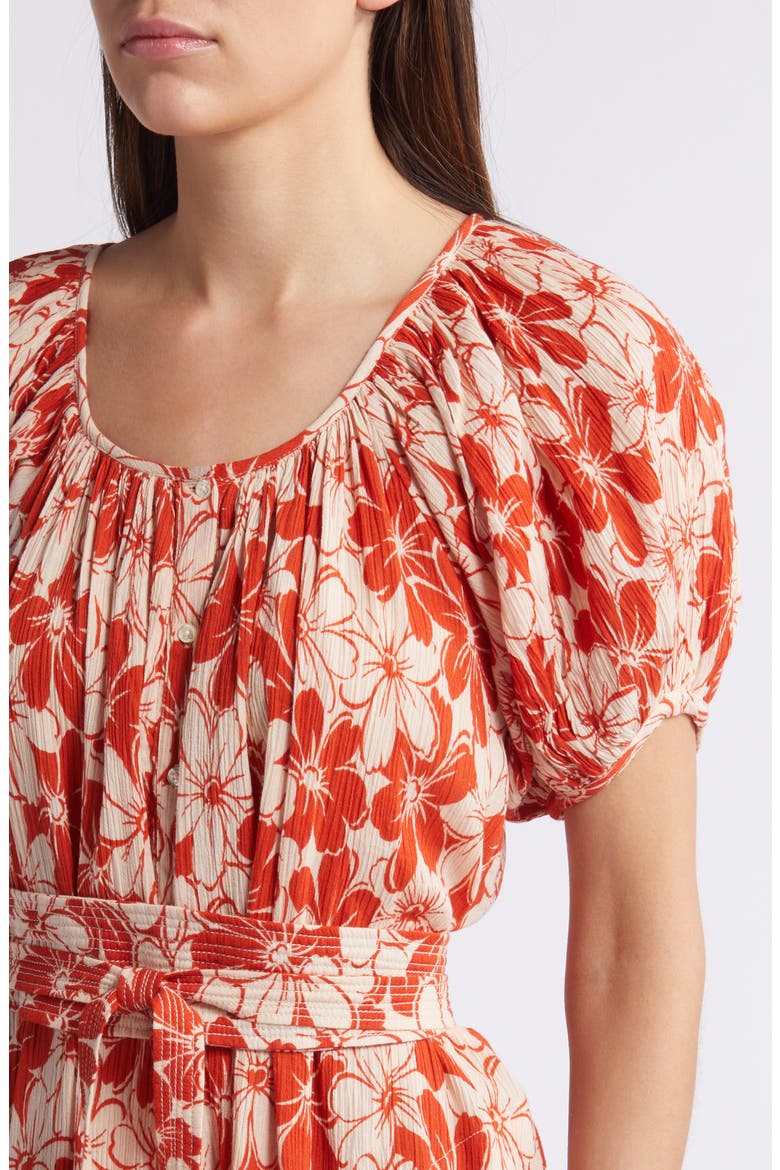 The Seascape Floral Crinkle Cotton Dress, Alternate, color, BURNT RED HIBISCUS FLOWER
