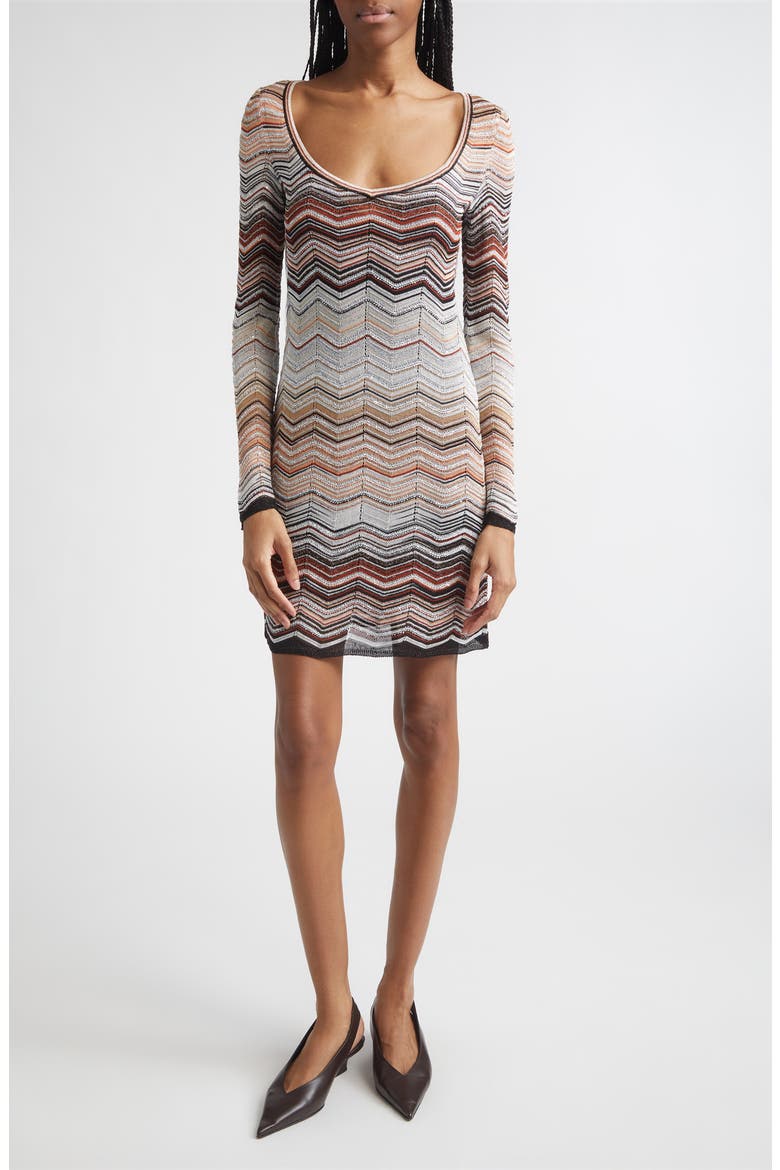 Metallic Zigzag Sequin Long Sleeve Sweater Dress, Main, color, RED AND BEIGE TONES