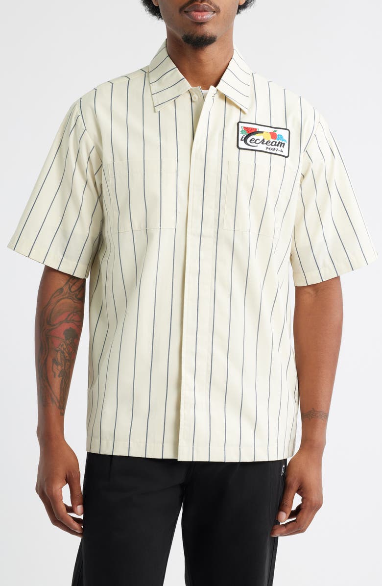 ICECREAM Fruit by the Fruit Stripe Short Sleeve Cotton Graphic Button-Up Shirt, Alternate, color, White