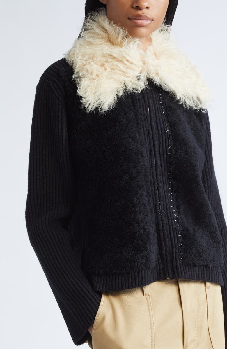 Marni Genuine Shearling & Virgin Wool Cardigan, Alternate, color, Black