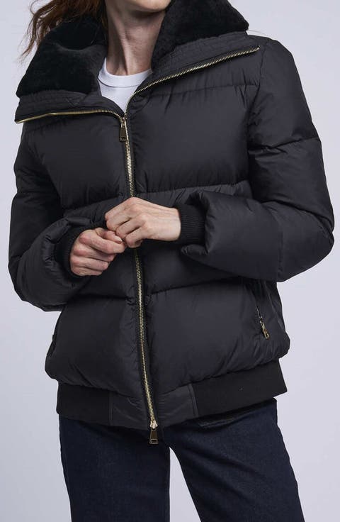 Channel Quilted Water Resistant 700-Fill Power Down Puffer Jacket with Genuine-Shearling Trim