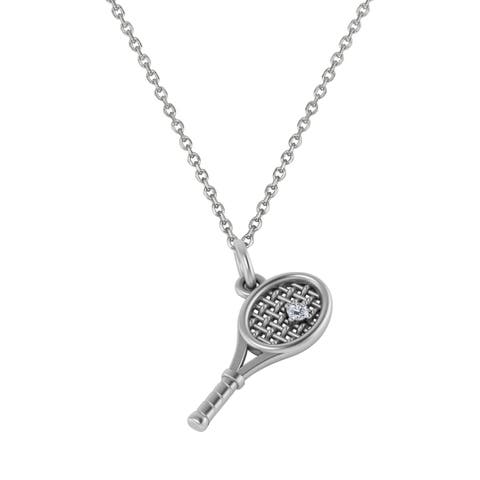 Tennis Racket With Diamond Ball Charm Pendant Necklace 14K