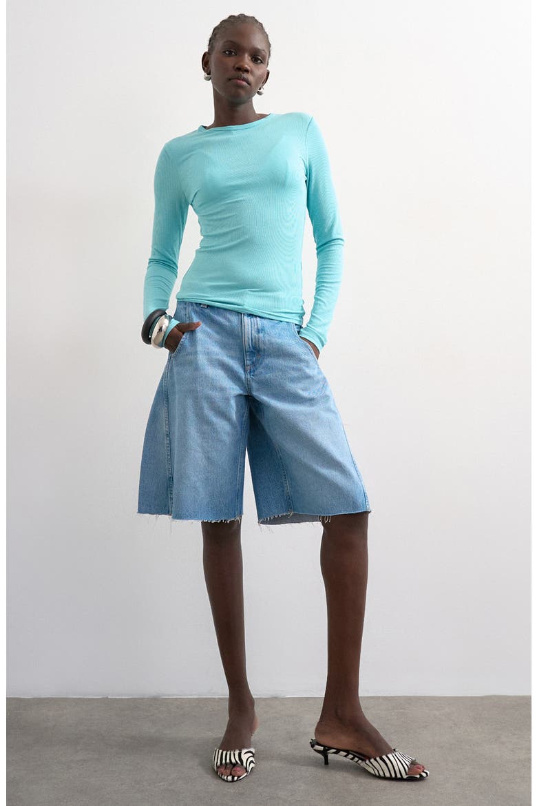 Barrel Leg Denim Bermuda Shorts, Main, color, BLUE