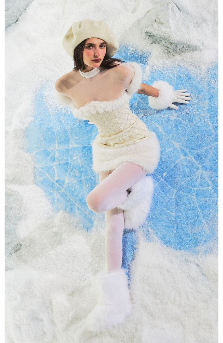 Miss Circle Taylor Faux Fur Trimmed Beaded Bouclé Mini Dress, Alternate, color, Ivory White