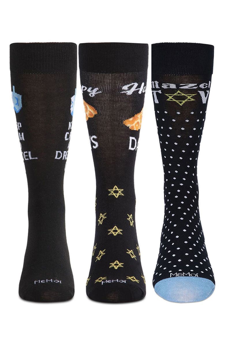 MeMoi Assorted 3-Pack Hannukah Crew Socks, Main, color, Black