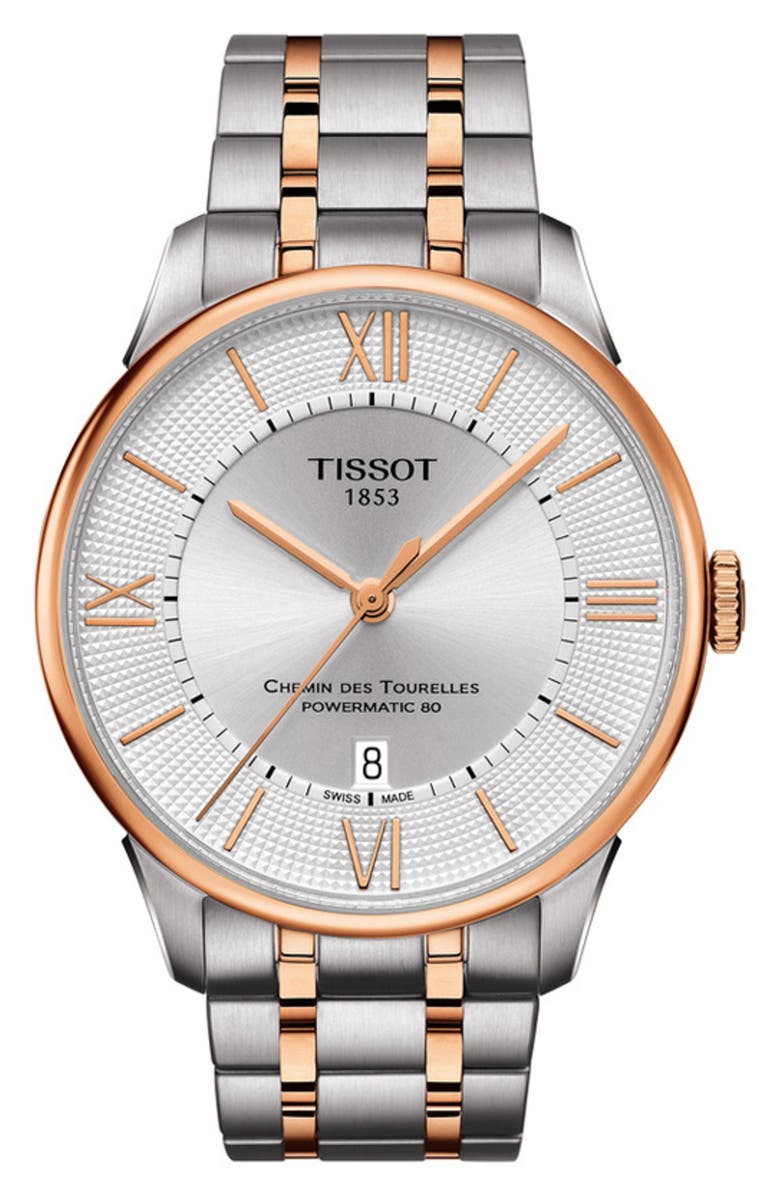 Tissot Chemin des Tourelles Two-Tone Bracelet Watch, 42mm, Main, color, Silver