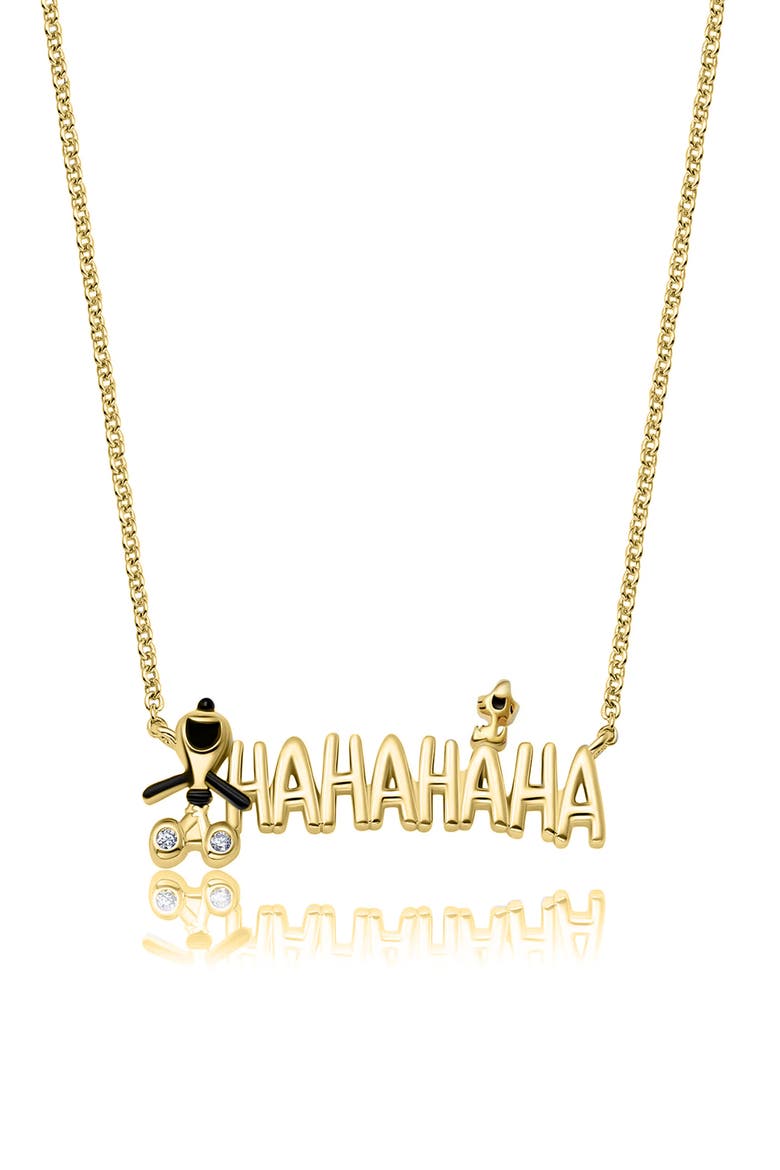x Peanuts® HA HA HA Snoopy & Woodstock Pendant Necklace, Main, color, 18KT YELLOW GOLD / CLEAR STONE