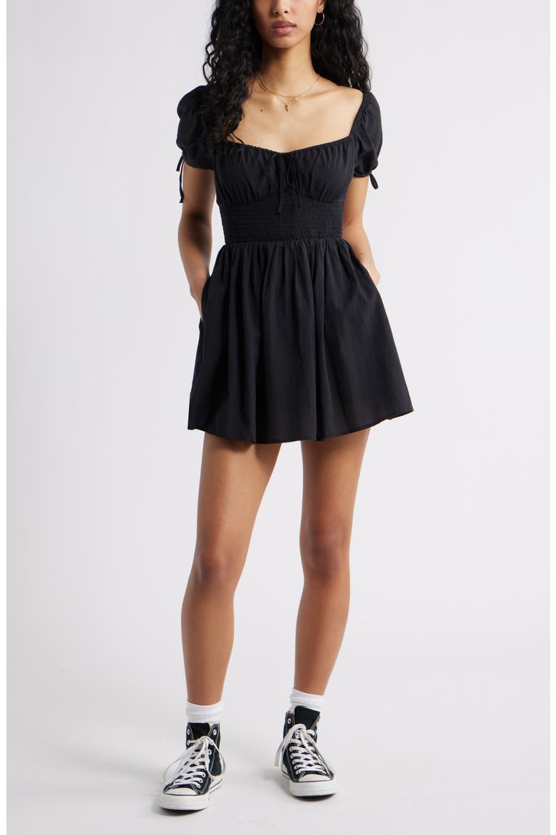 Puff Sleeve Smocked Waist Cotton Sundress, Main, color, BLACK