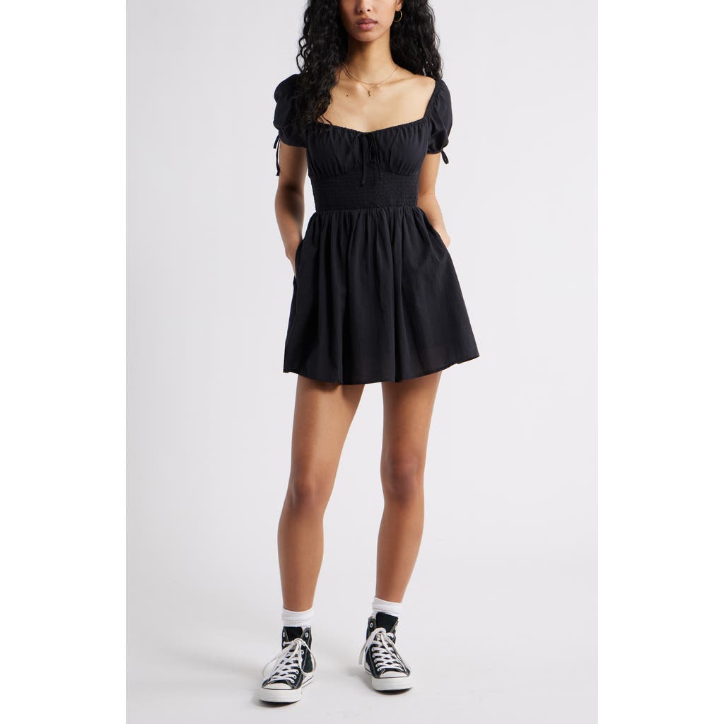 Bp. Puff Sleeve Smocked Waist Cotton Sundress In Black