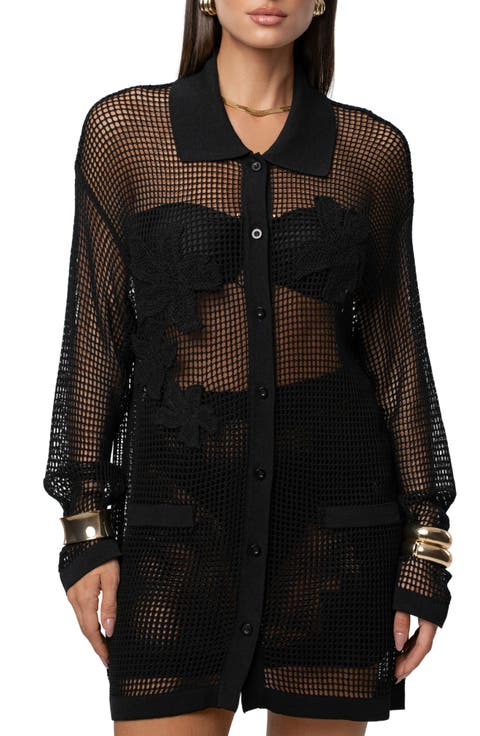 Solara Floral Appliqué Open Stitch Cover-Up Shirt