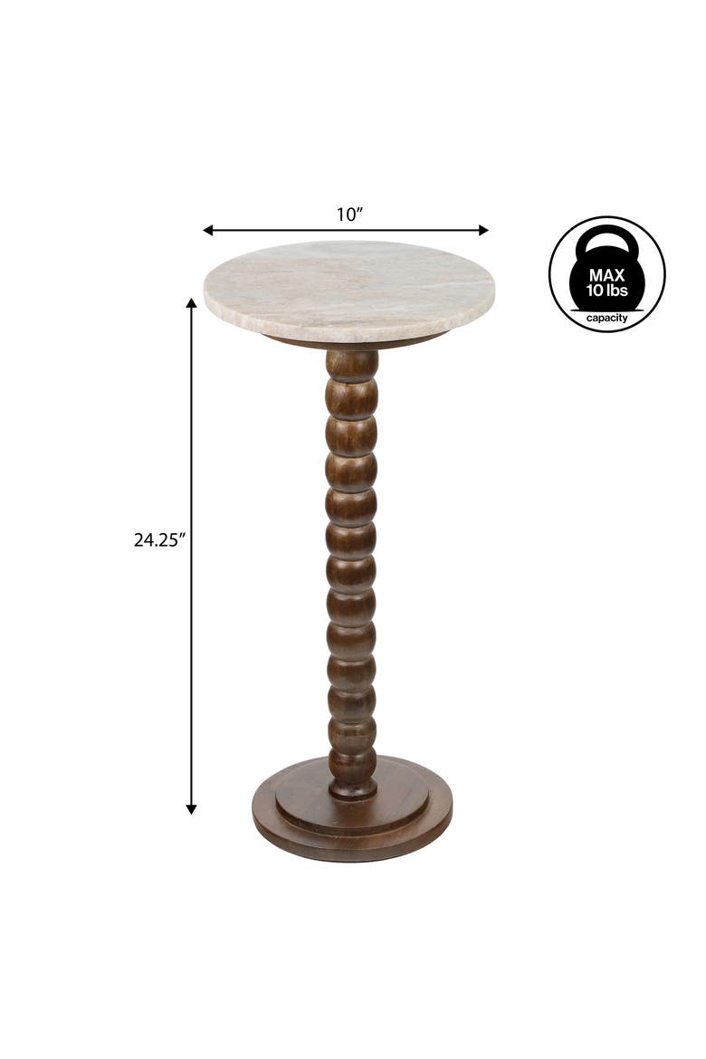 Monroe Farmhouse Wood Drink Table, Marble Round Top Bobbin Spool Pedestal Base, Decorative Accent End Table, Alternate, color, Dark Brown/Beige/Gray