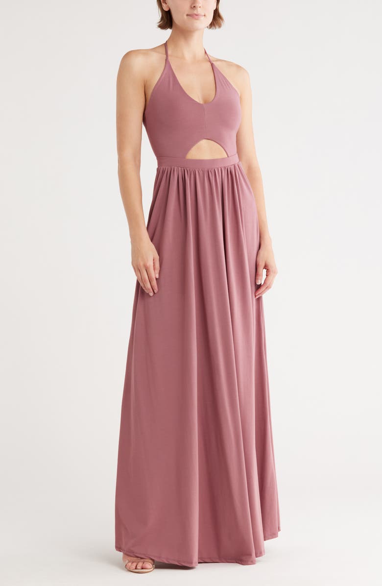 GO COUTURE Keyhole Halter Jersey Maxi Dress, Main, color, Dark Mauve Ponte