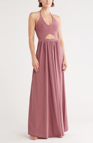 GO COUTURE Keyhole Halter Jersey Maxi Dress