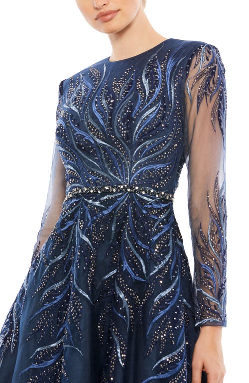 Mac Duggal Embellished Tea-length Illusion Cocktail Dress In Blue