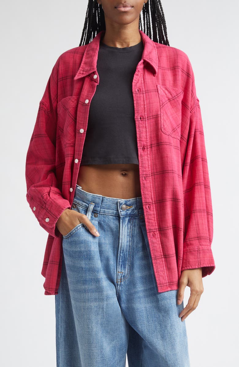 R13 Plaid Oversize Drop Neck Cotton Flannel Button-Up Shirt, Main, color, Deep Pink Plaid
