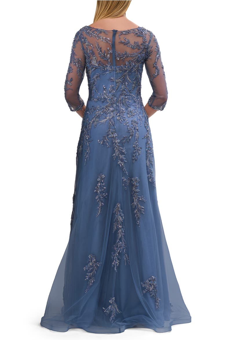 Beaded Lace Applique Dress with Tulle Skirt and Illusion Sleeves, Alternate, color, Blue
