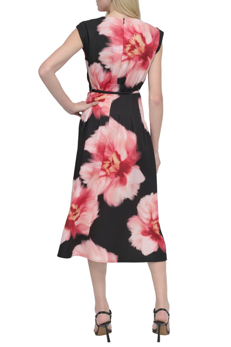 Floral Cap Sleeve Belted Midi Dress, Alternate, color, BLACK/ PINK MULTI