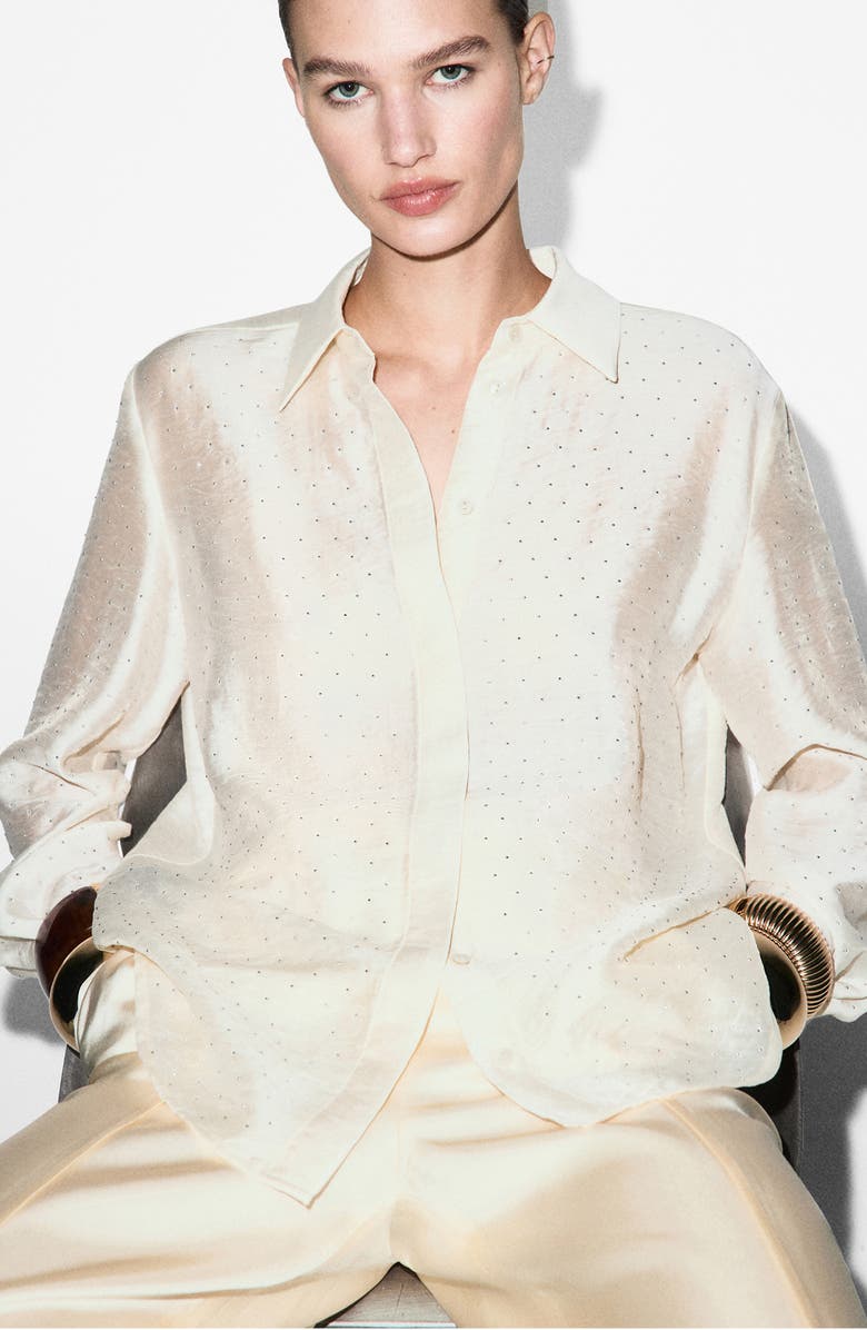 MANGO Rhinestone Satin Button-Up Shirt, Alternate, color, Beige