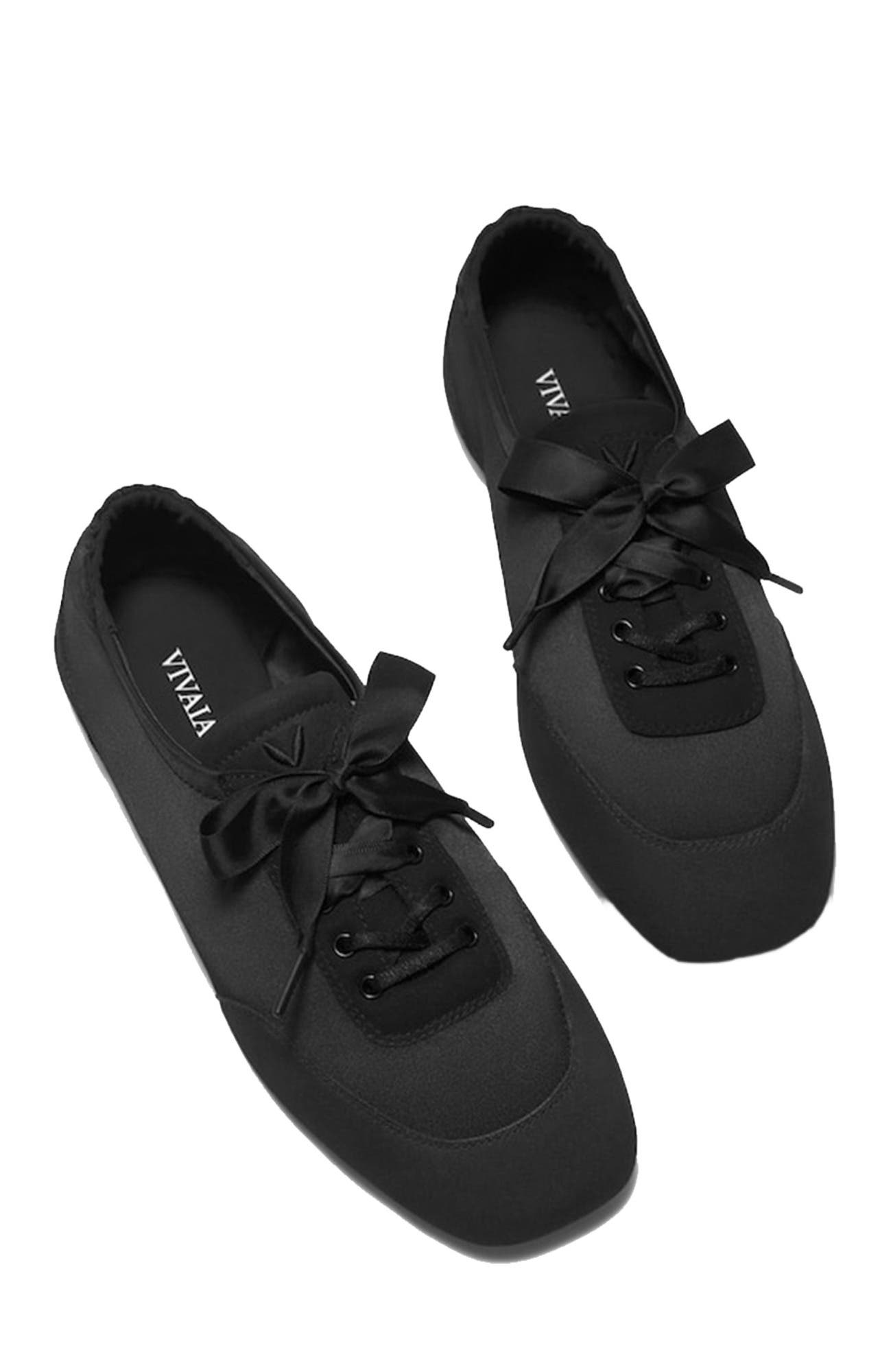 VIVAIA Square-Toe Lace-Up Satin Sneakerina, Alternate, color, Black