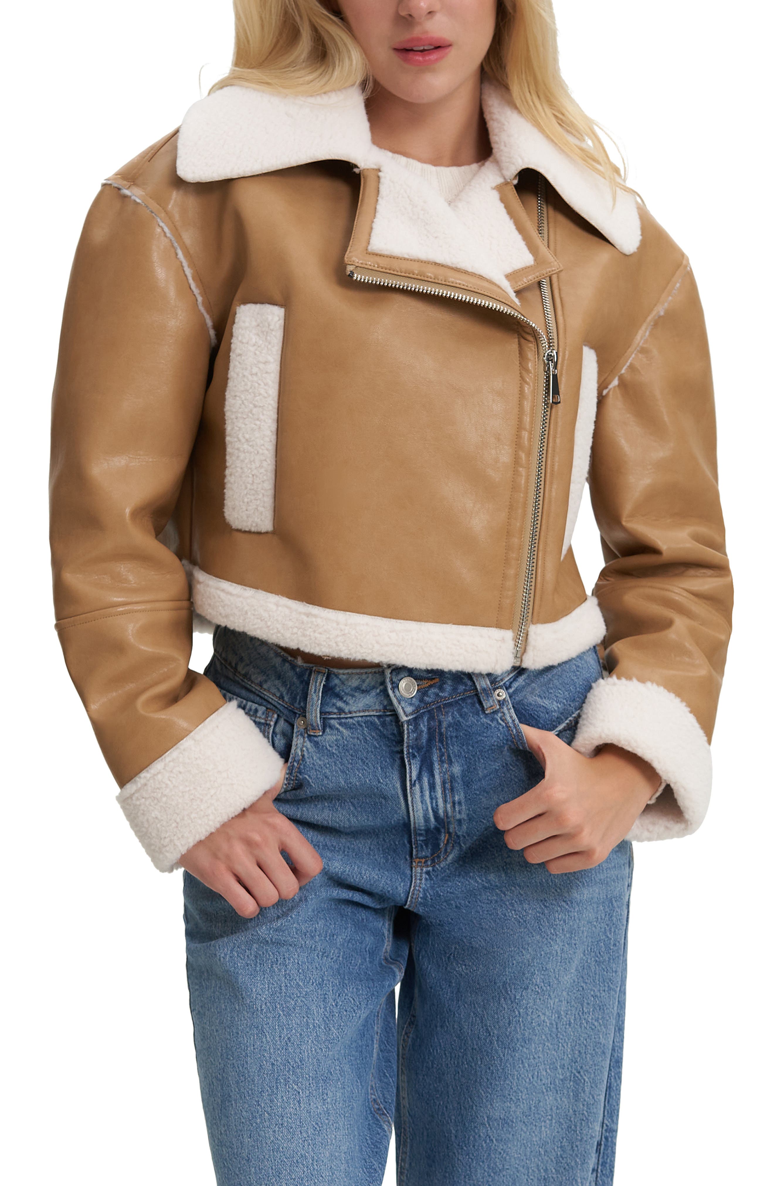 Noize Viveca Faux Leather Faux Shearling Trimmed Crop Jacket