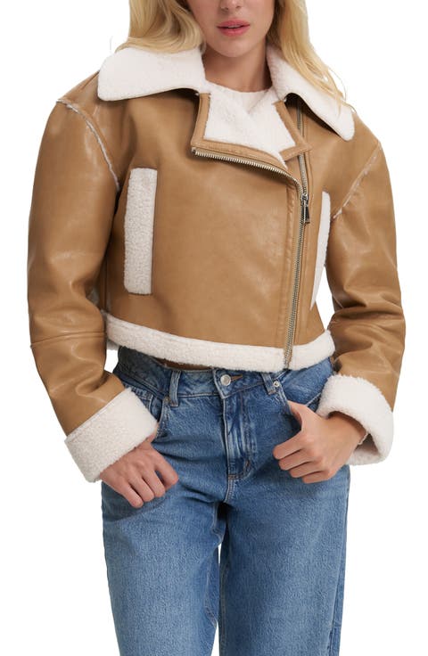 Viveca Faux Leather Faux Shearling Trimmed Crop Jacket