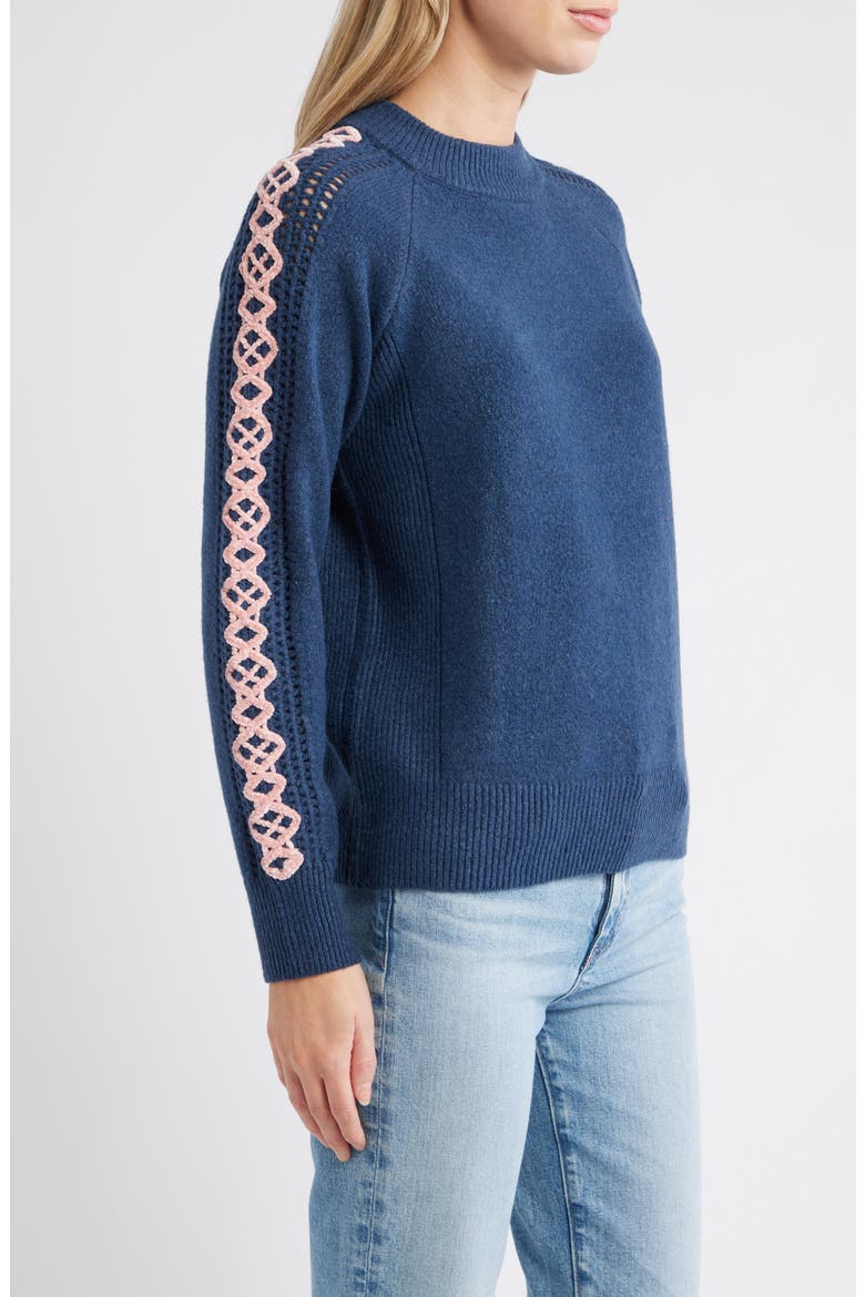 Embroidered Sleeve Mock Neck Sweater, Alternate, color, CADET BLUE