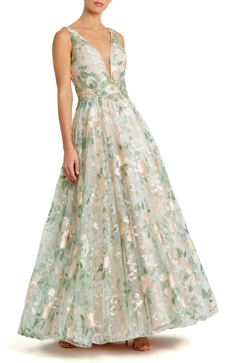 Mac Duggal Floral Embroidered Illusion V-Neck Gown, Main, color, Cream Multi