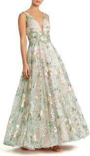 Mac Duggal Floral Embroidered Illusion V-Neck Gown