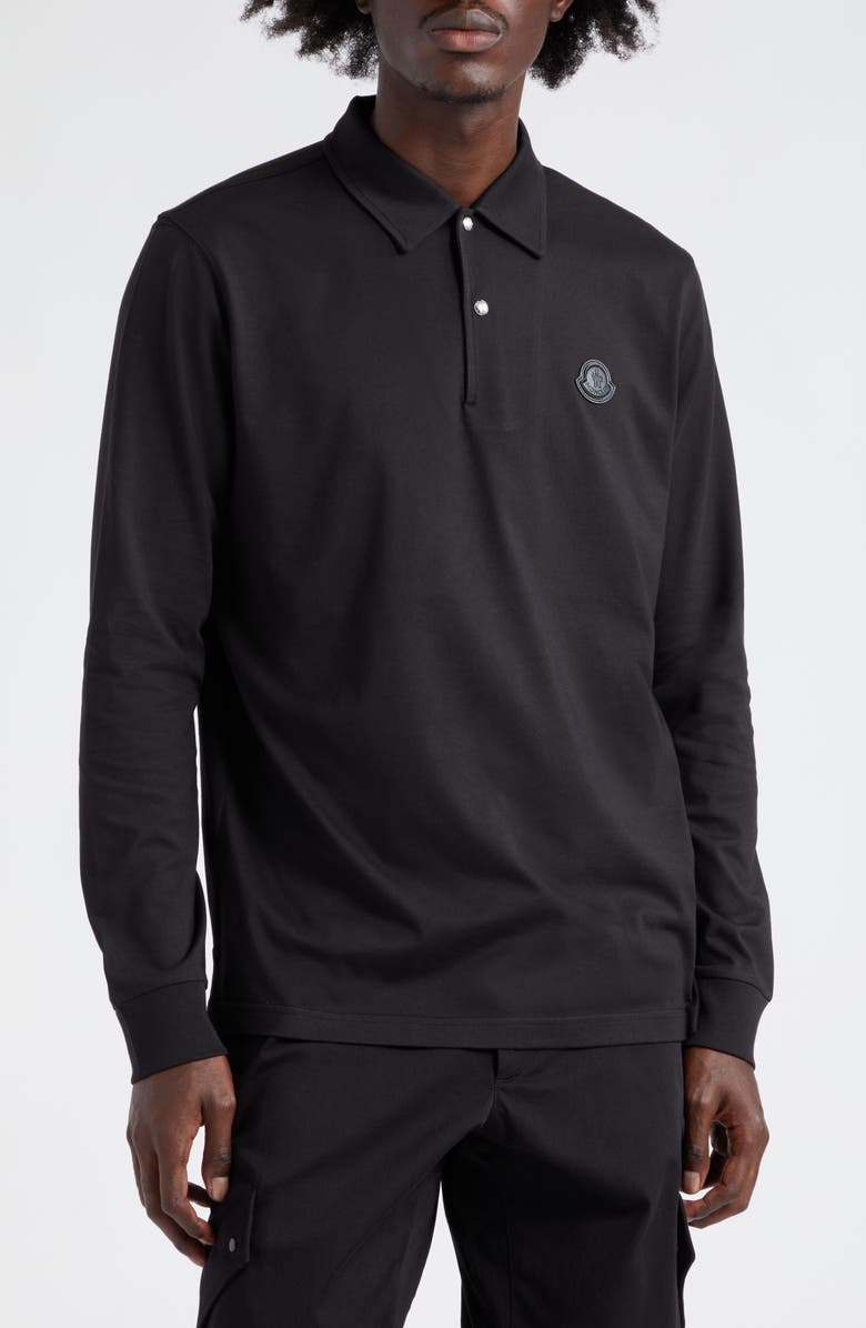 Moncler Logo Patch Long Sleeve Cotton Polo, Main, color,