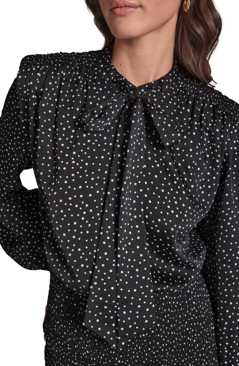 BCBG Polka Dot Long Sleeve Smocked Skirt Hammered Satin Dress, Alternate, color, Black/White