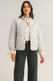 Modenaire Floral Quilted Jacket with Puff Sleeves and Satin Bow Cuffs