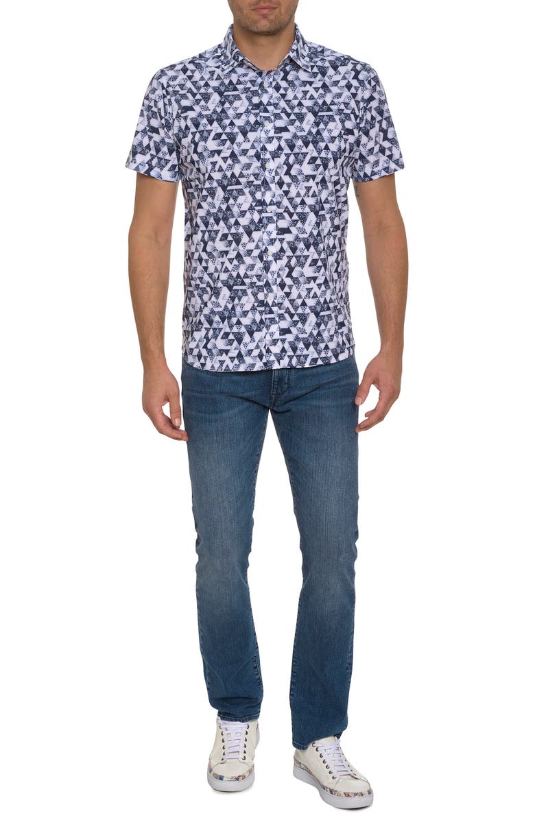 Robert Graham Stamos Geo Print Short Sleeve Button-Up Knit Shirt, Alternate, color, 