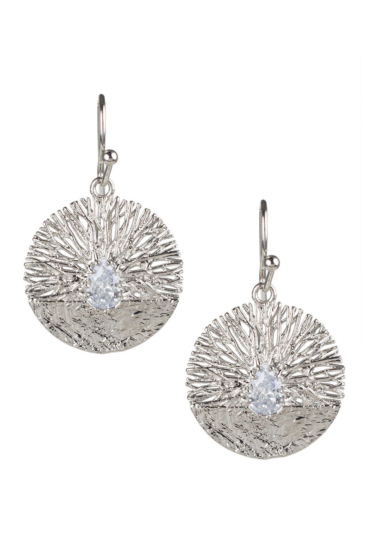 Rhodium Plated Textured Disc Pear CZ Drop Earrings