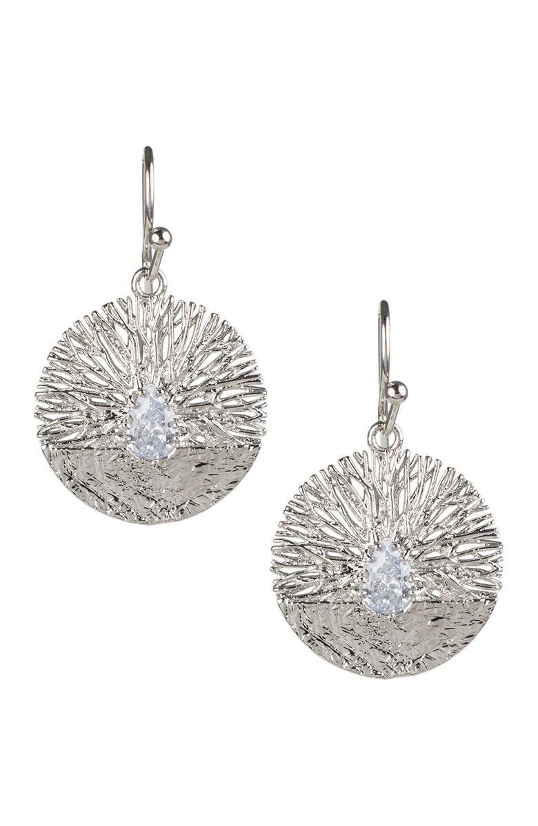 CZ by Kenneth Jay Lane Rhodium Plated Textured Disc Pear CZ Drop Earrings, Main, color, Clear-Silver