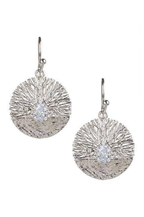 Rhodium Plated Textured Disc Pear CZ Drop Earrings