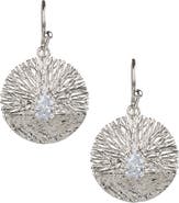 CZ by Kenneth Jay Lane Rhodium Plated Textured Disc Pear CZ Drop Earrings