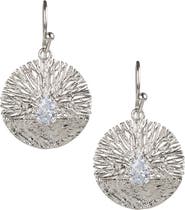 CZ by Kenneth Jay Lane Rhodium Plated Textured Disc Pear CZ Drop Earrings