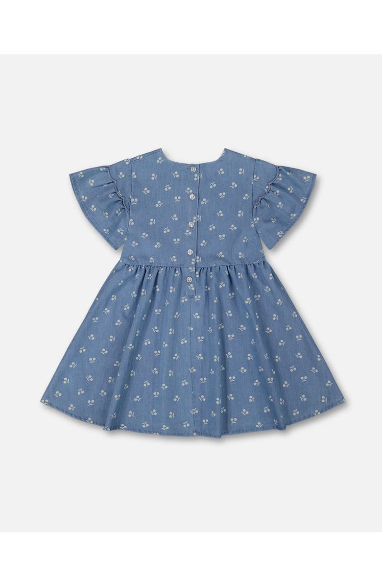 Deux par Deux Little Girl's Printed Chambray Dress Blue And White Cherries, Alternate, color,
