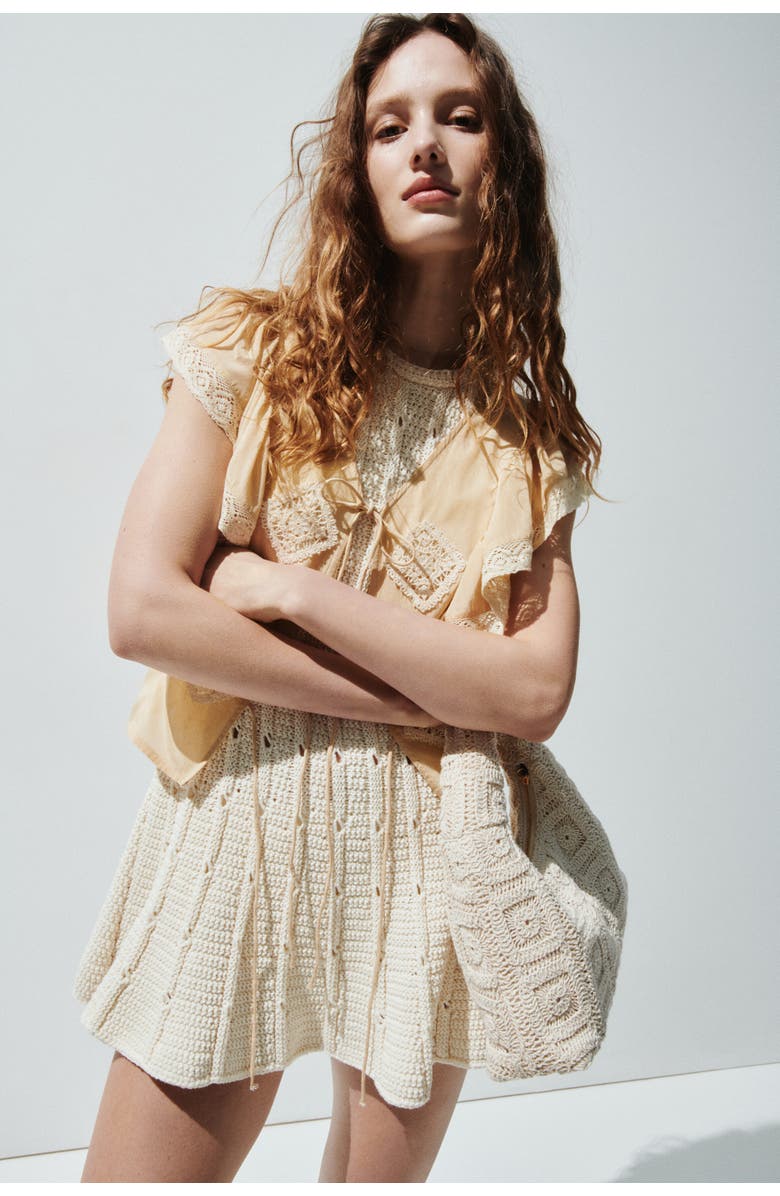 H&M Lace-trimmed Flounced Blouse, Alternate, color, Light Beige