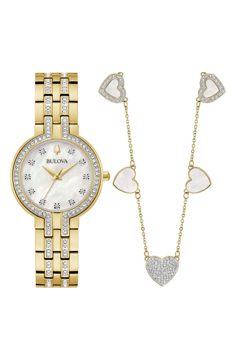 BULOVA Crystal Collection Bracelet Watch & Station Necklace Set, 30mm, Main, color, Gold