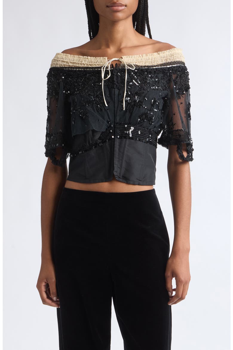 Sequined Embroidered Off the Shoulder Bodice, Main, color, BLACK