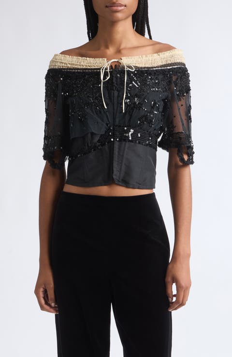 Sequined Embroidered Off the Shoulder Bodice