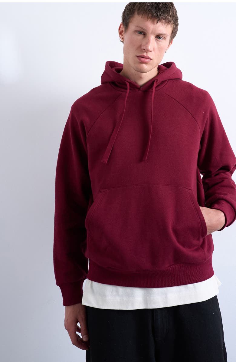 Topman Boxy Cotton Blend Hoodie, Main, color, Burgundy