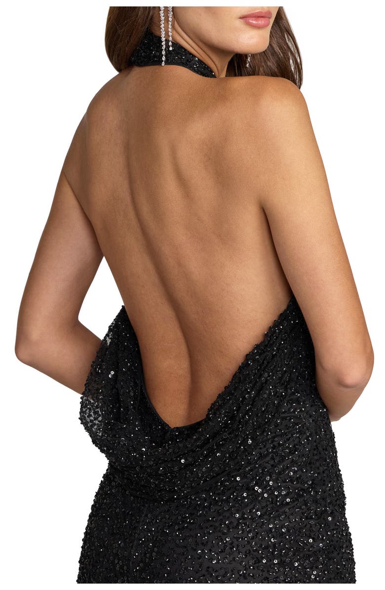 Mac Duggal Halter Neck Open Back Beaded Column Gown, Alternate, color, Black